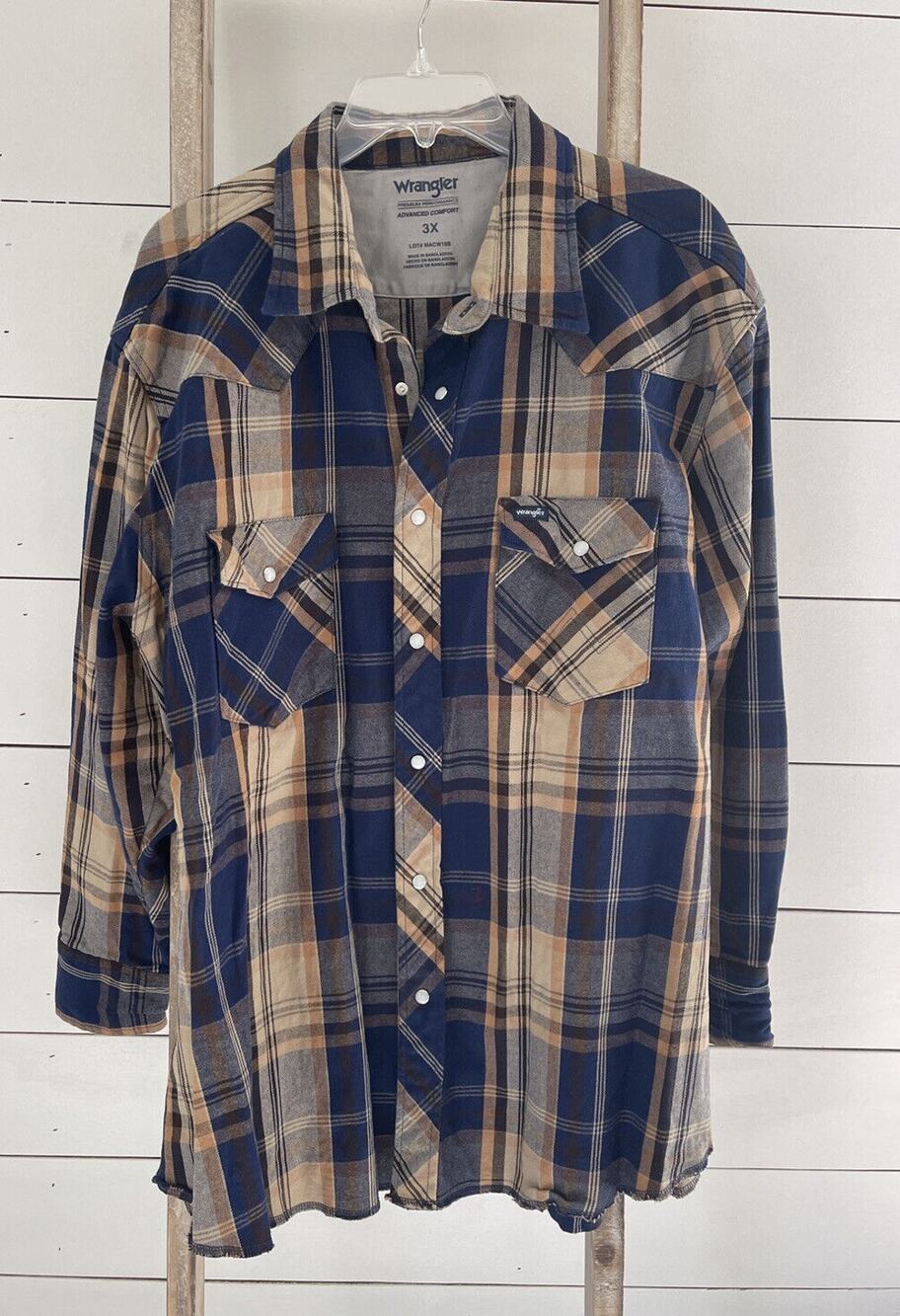 Wrangler Men's Heavy Shirt Western Yolk Twill Plaid Long Sleeve Snap Pockets 3XL